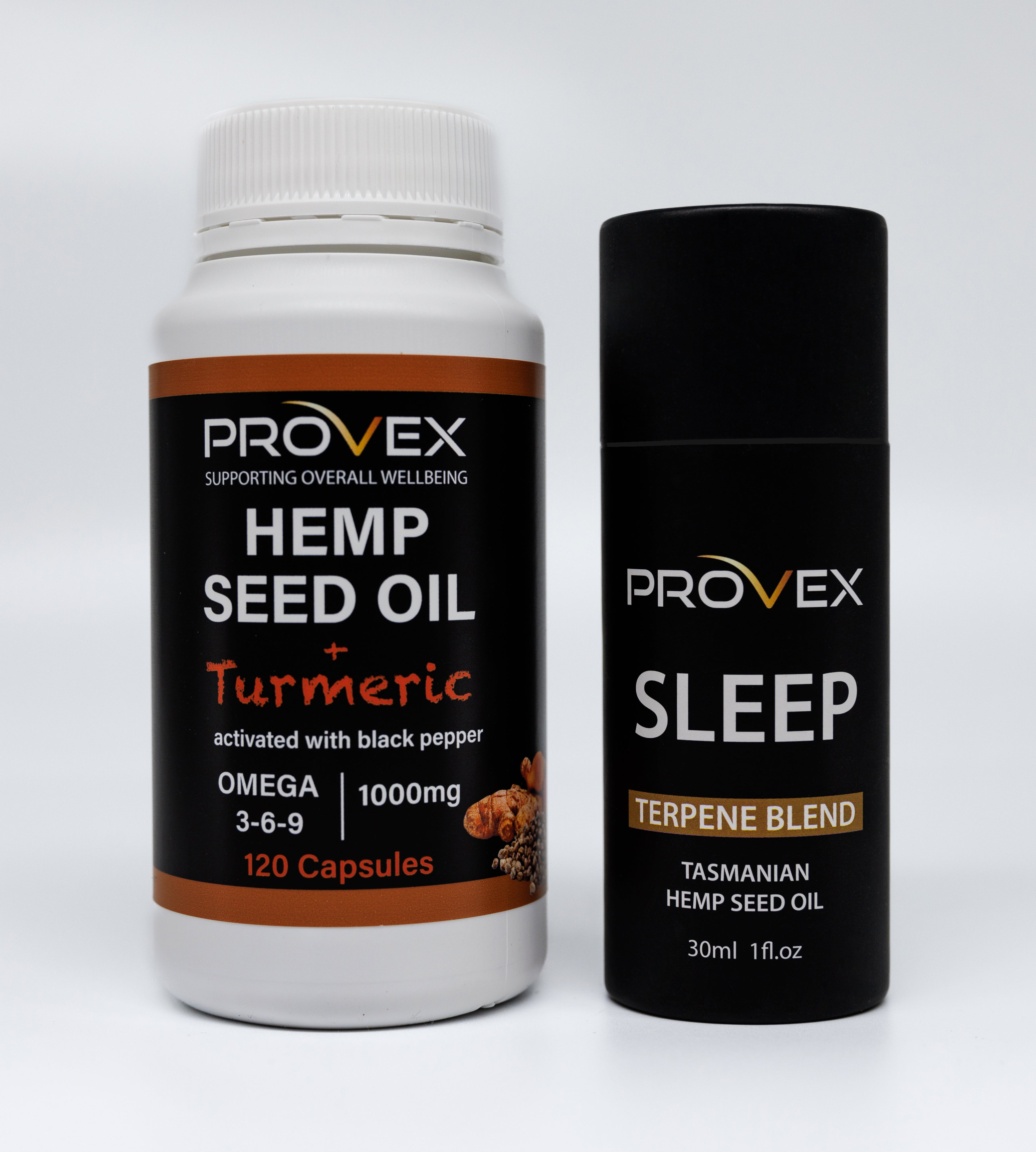Two bottles of Provex health supplements, one labeled Hemp Seed Oil & turmeric capsules and the other labeled Sleep Enhanced Hemp Seed Oil Terpene Blend.