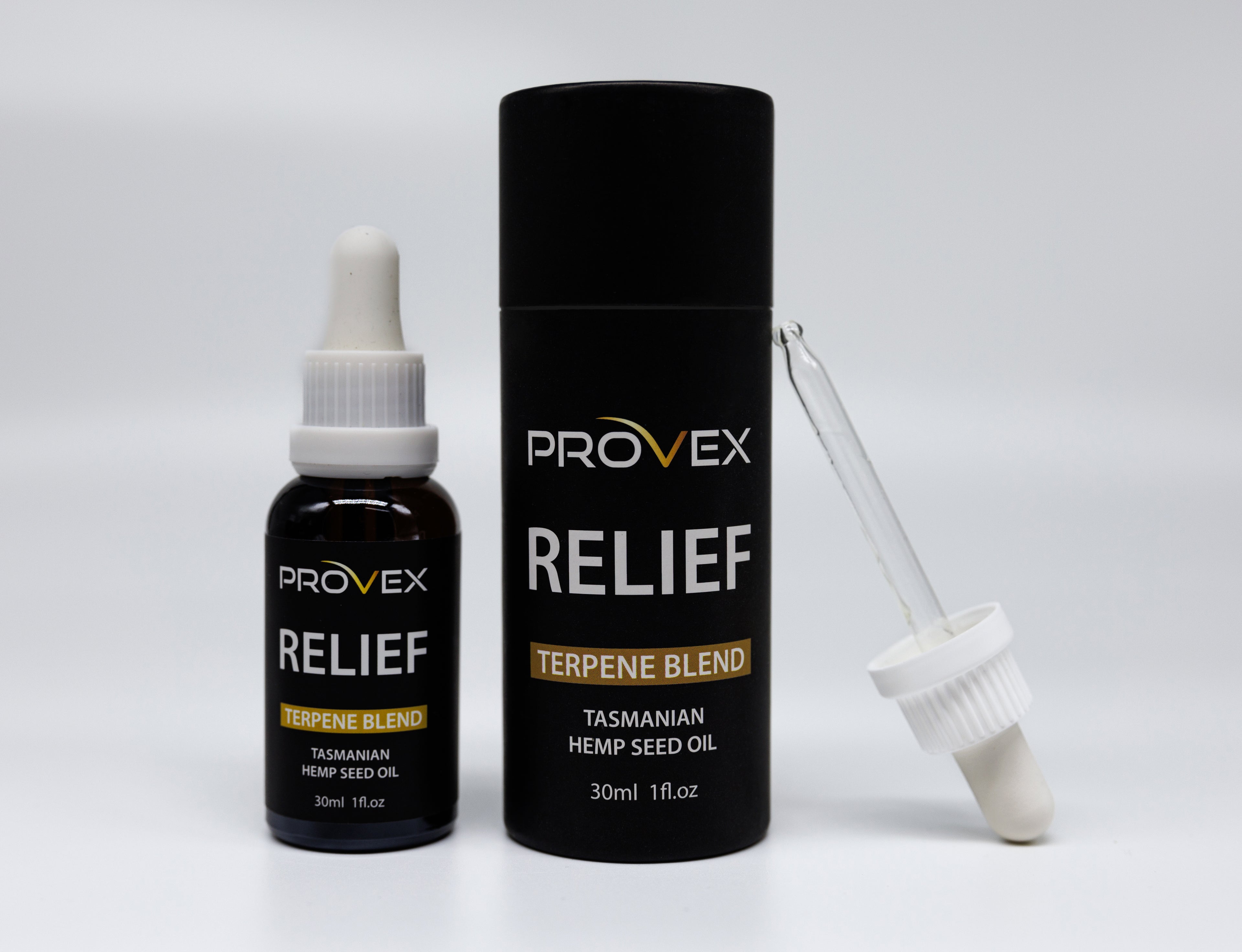 Provex Relief enhanced hemp seed oil product including a bottle and a canister on a white background. Supports pain relief, arthritis and reducing inflammation