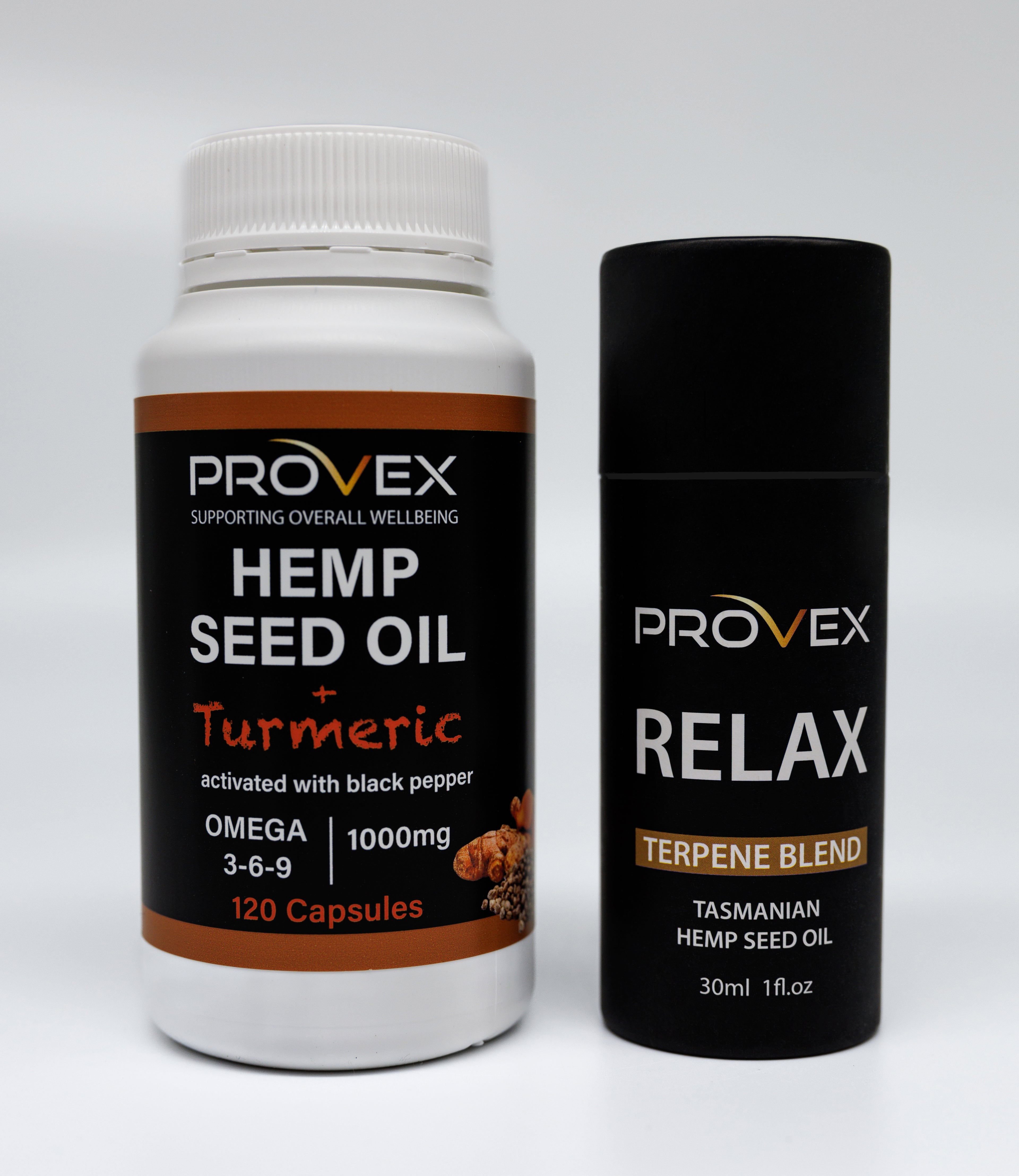 Two bottles of Provex health supplements, one labeled Hemp Seed Oil &amp; turmeric capsules and the other labeled Relax Enhanced Hemp Seed Oil Terpene Blend.