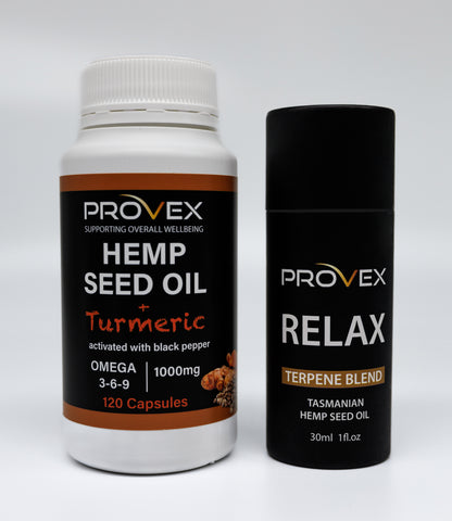 Two bottles of Provex health supplements, one labeled Hemp Seed Oil &amp; turmeric capsules and the other labeled Relax Enhanced Hemp Seed Oil Terpene Blend.