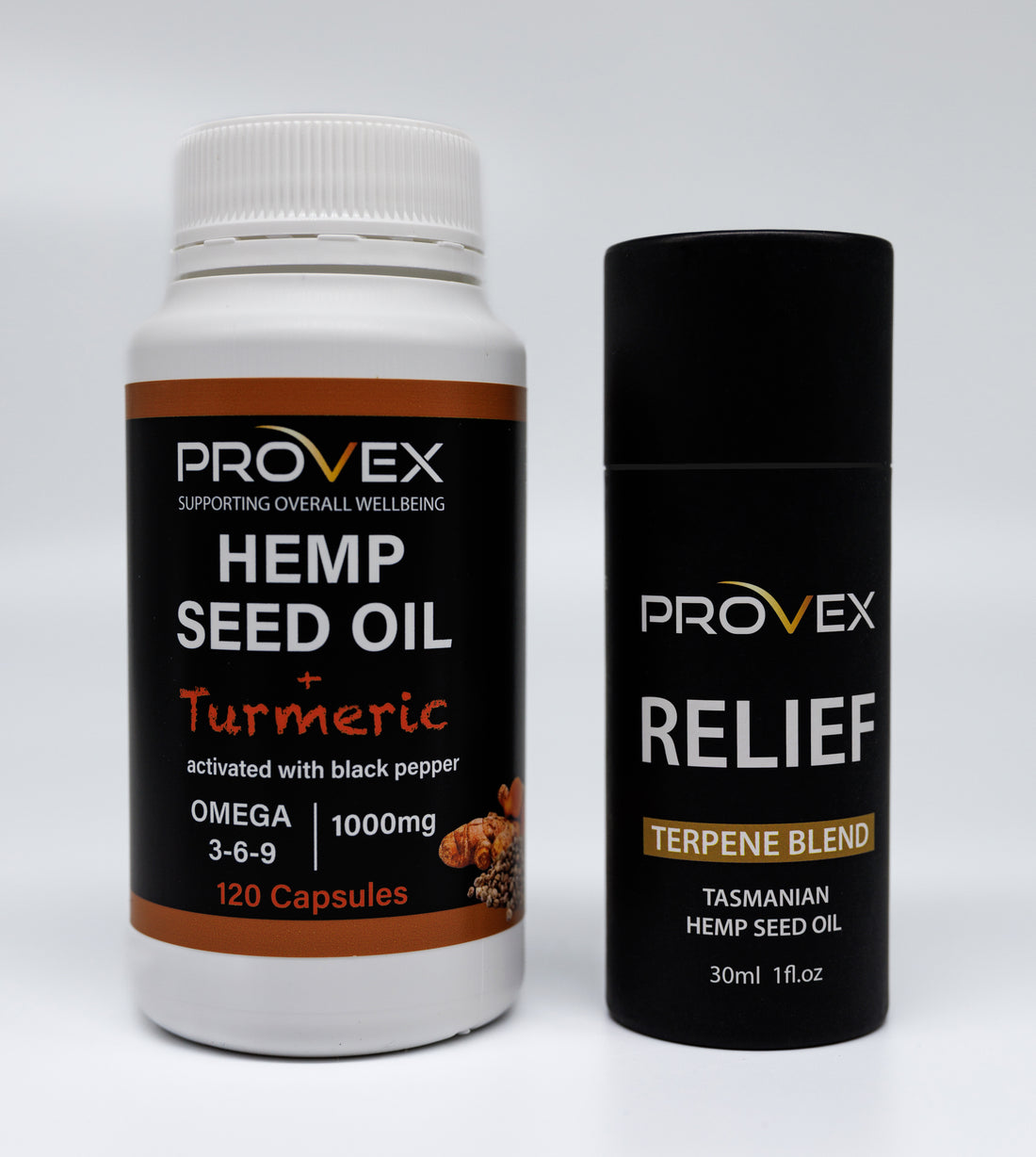Mobility bundle of Provex hemp seed oil and turmeric capsules and the relief enhanced hemp seed oil blend with terpenes for pain relief and anti-inflammatory support
