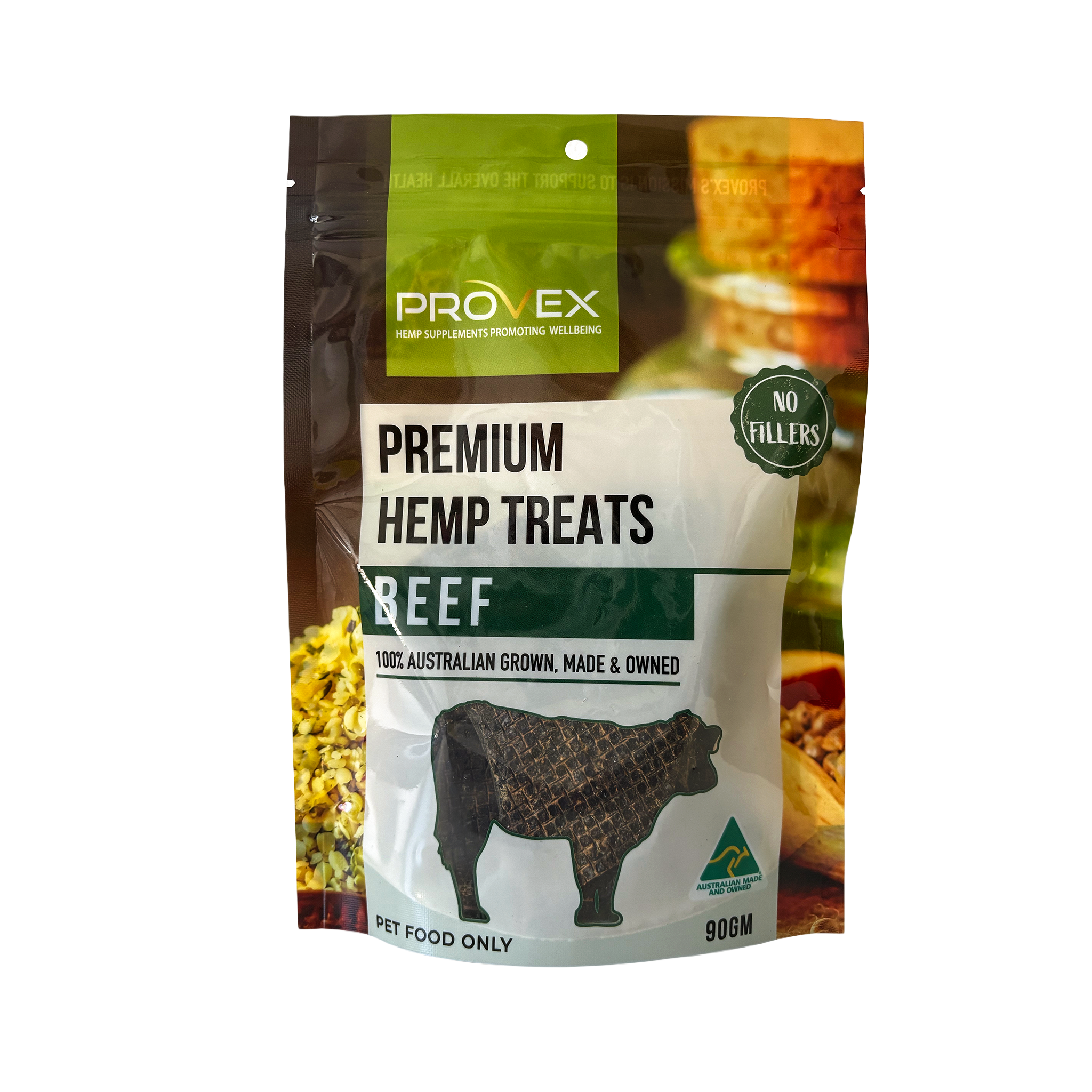 A package of Provex premium hemp treats beef flavour. The packaging has an image of a cow and text indicating no fillers and 100% Australian grown.
