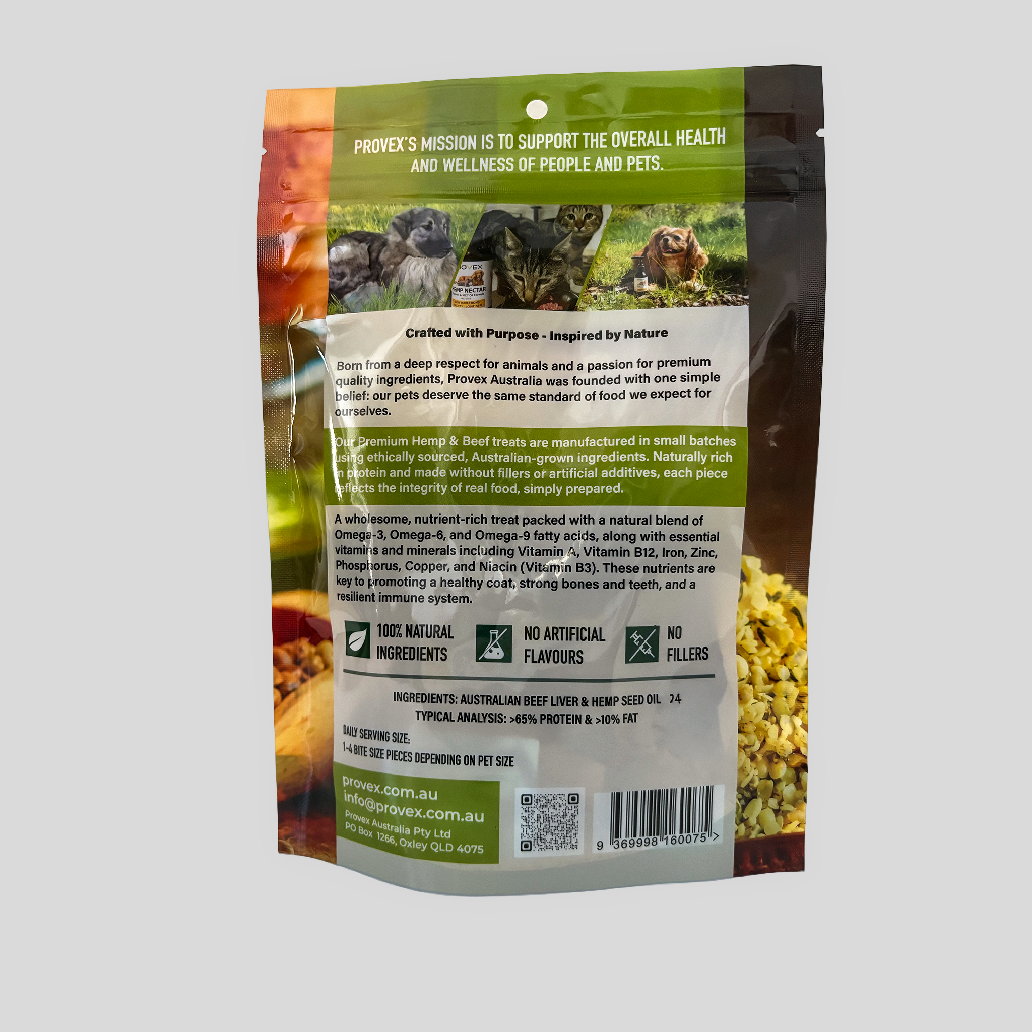 A package of the back of Provex premium hemp treats beef flavour. Describes purposes and nutritional information including 100% natural, no fillers and 100% Australian grown.