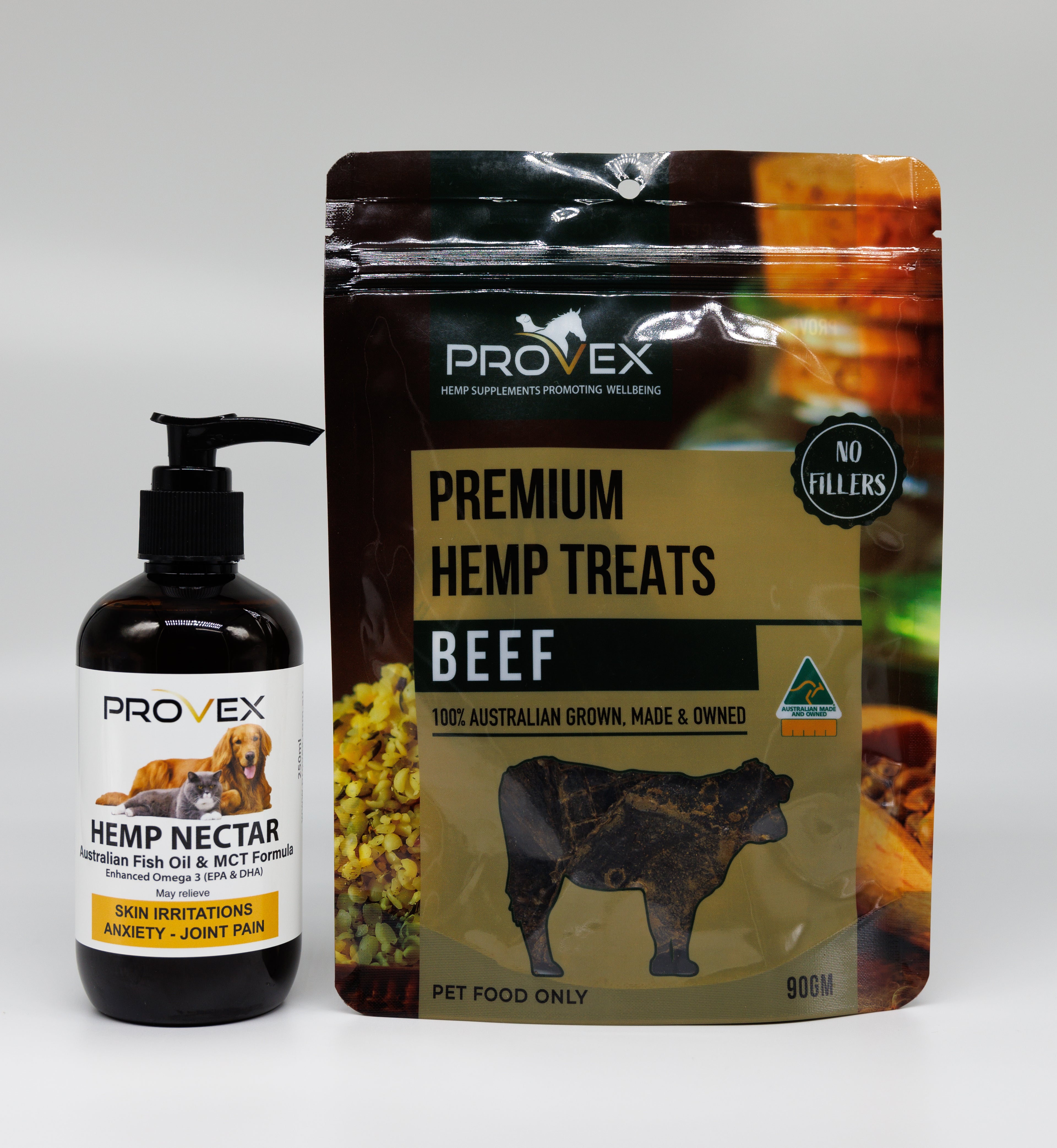The image shows a bottle of Provex Hemp Nectar with a pump dispenser, and a package of Provex Premium Beef Hemp Treats and an image of a cow. Both products are marked with &