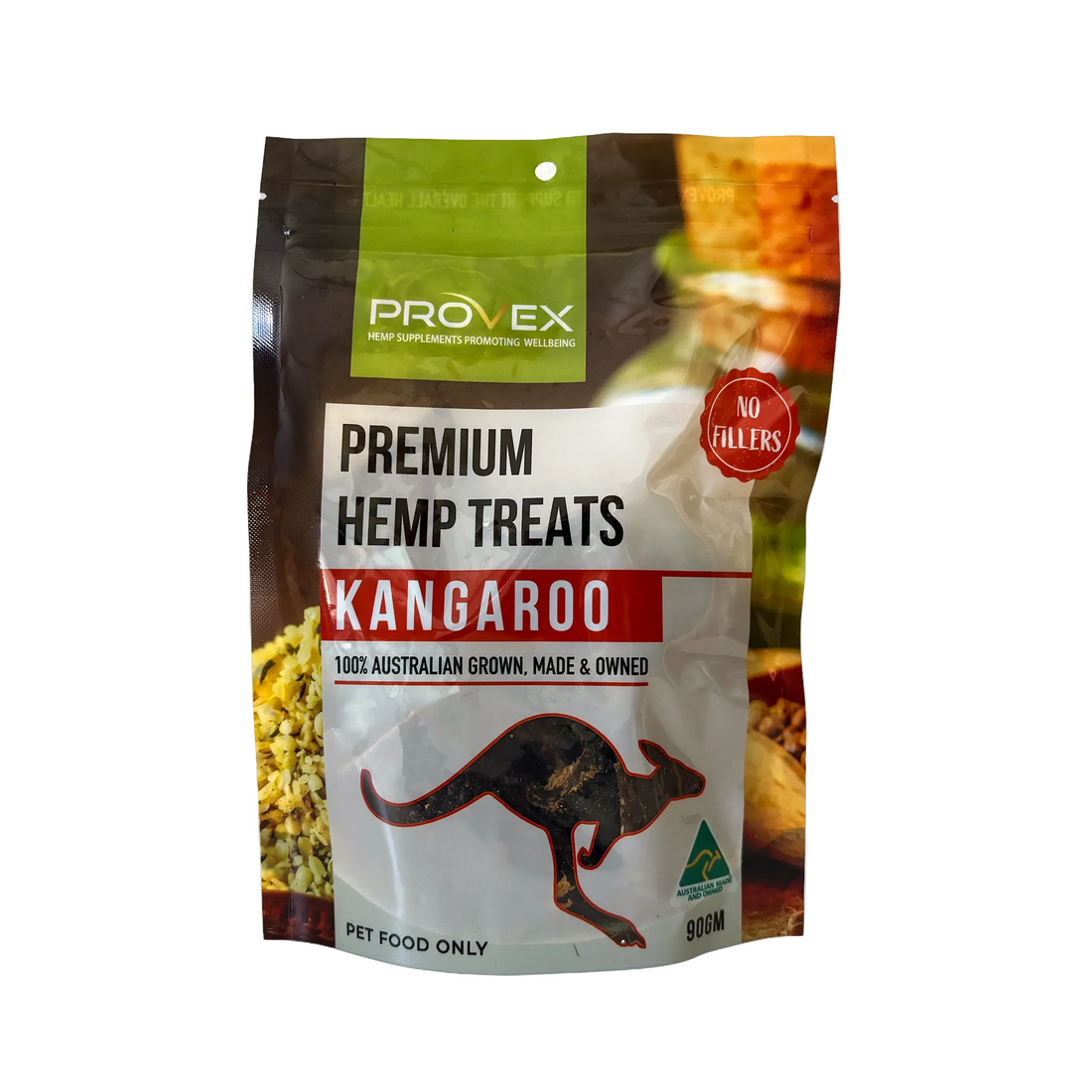 A package of Provex premium hemp treats kangaroo flavour. The packaging has an image of a kangaroo or roo and text indicating no fillers and 100% Australian grown.