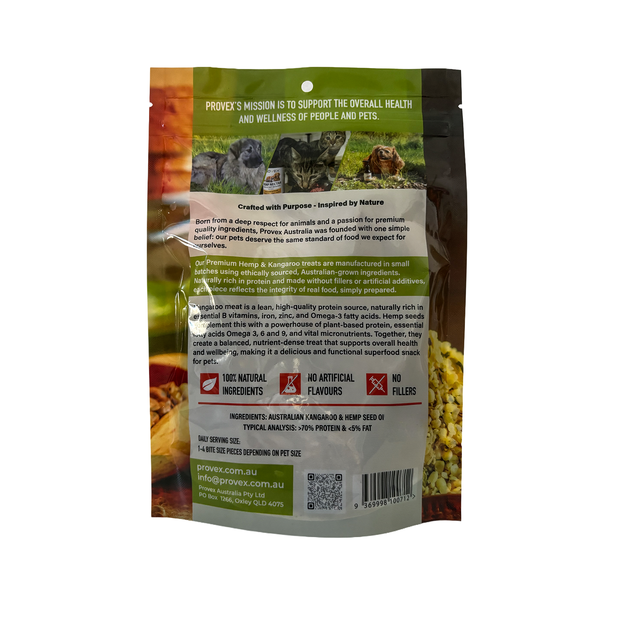A package of the back of Provex premium hemp treats kangaroo or roo flavour. Describes purposes and nutritional information including 100% natural, no fillers and 100% Australian grown.