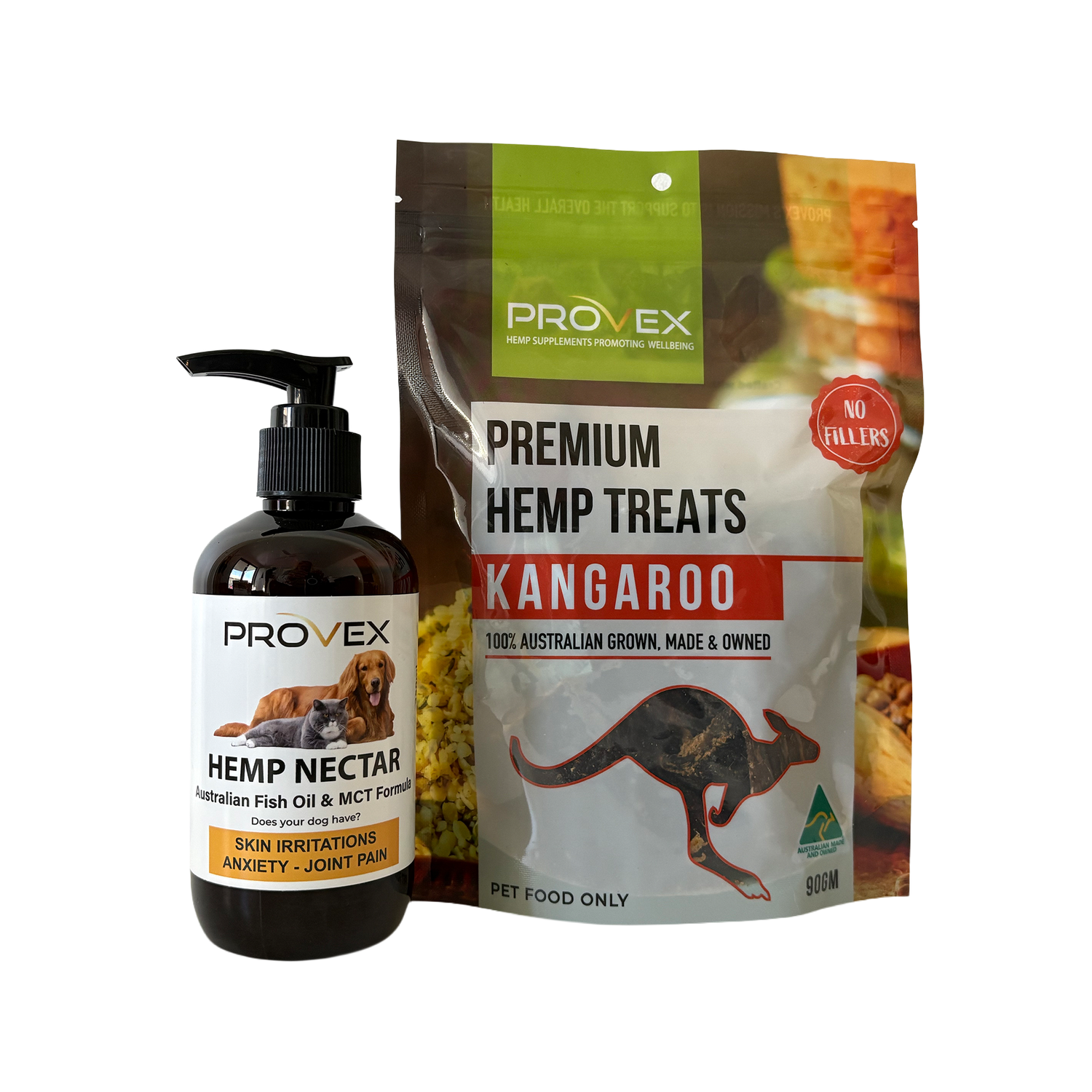 The image shows a bottle of hemp nectar and a package of premium hemp treats with kangaroo, both products are marked with &