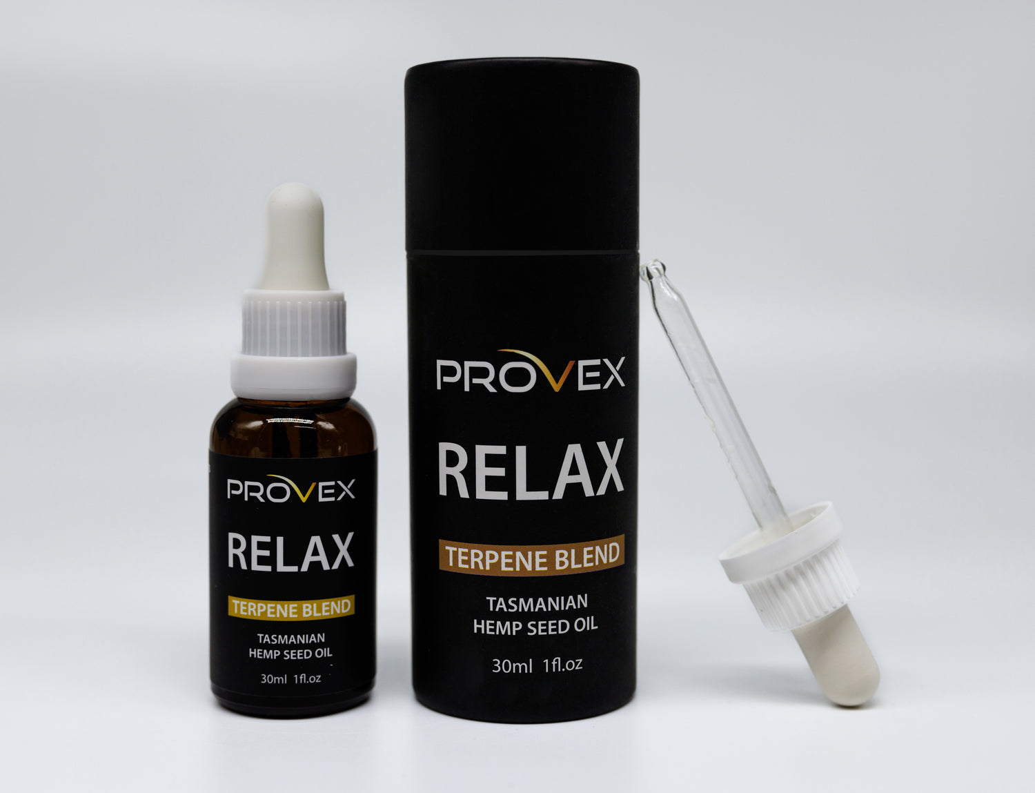 Provex Relax hemp seed oil bottle and packaging on a white background