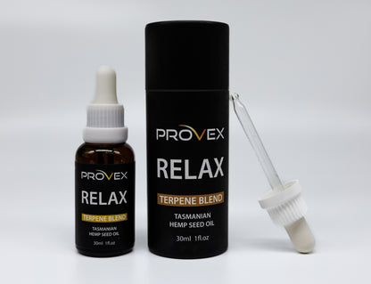 Provex Relax hemp seed oil bottle and packaging on a white background
